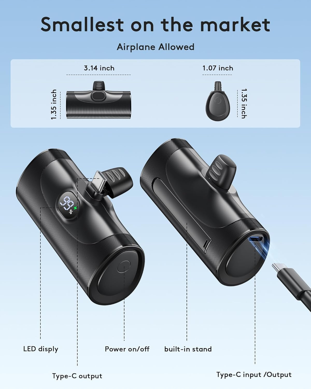 Ultra Small Portable Charger with Stand, Mini Power Bank with USB C Connect Powerbank Fast Charging, Phone Charger Battery Pack 5000Mah Compatible with Iphone 16/15 Series and Samsung Android Etc