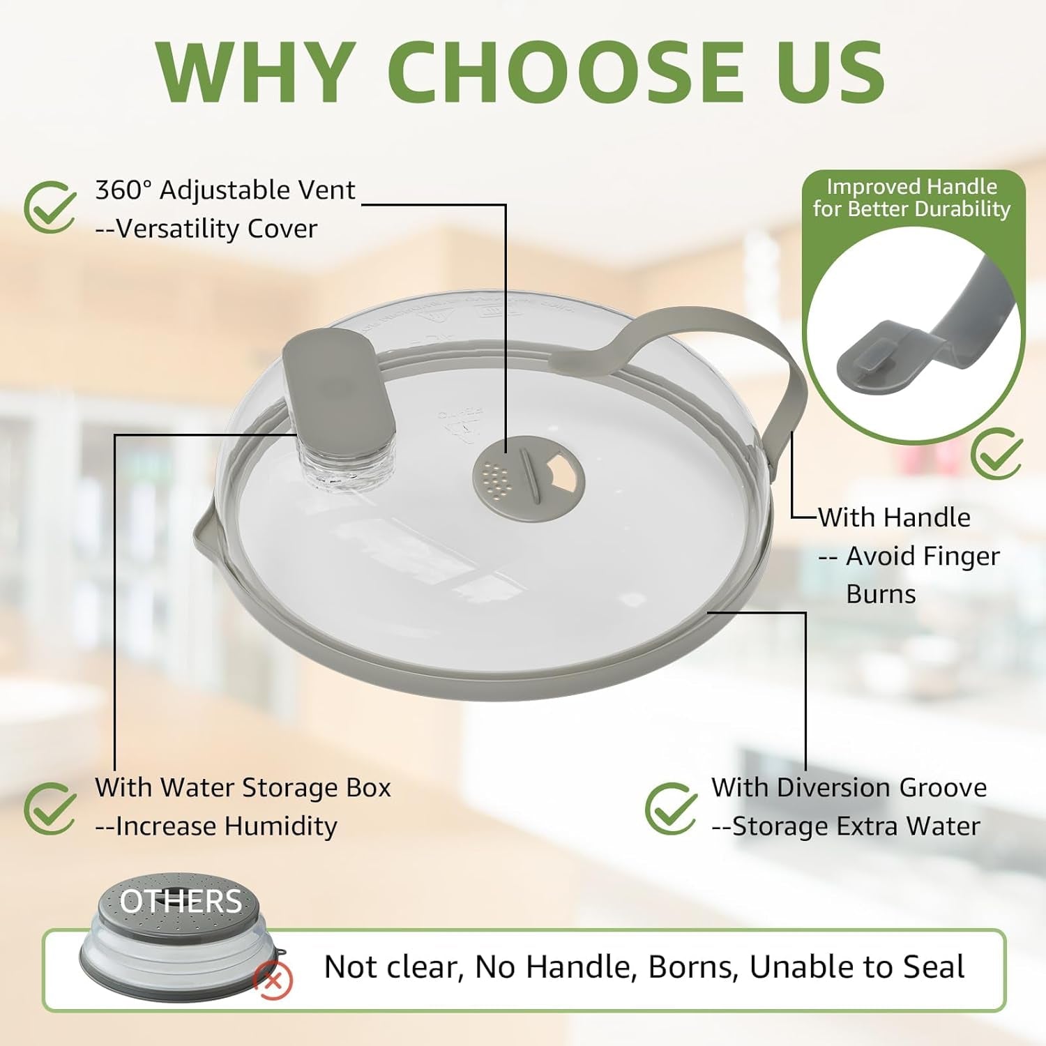 Microwave Splatter Cover with Water Steamer for Food - 10 Inch Steam Microwave Splatter Guard with Handle Plate Covers for Heating Food Splash Oven Lid with Built in Steamer