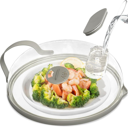Microwave Splatter Cover with Water Steamer for Food - 10 Inch Steam Microwave Splatter Guard with Handle Plate Covers for Heating Food Splash Oven Lid with Built in Steamer