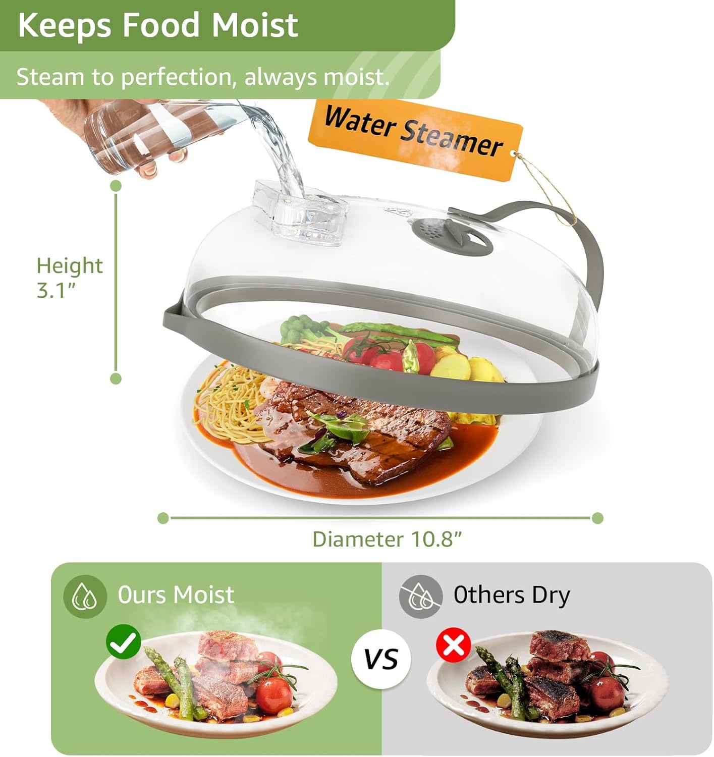 Microwave Splatter Cover with Water Steamer for Food - 10 Inch Steam Microwave Splatter Guard with Handle Plate Covers for Heating Food Splash Oven Lid with Built in Steamer