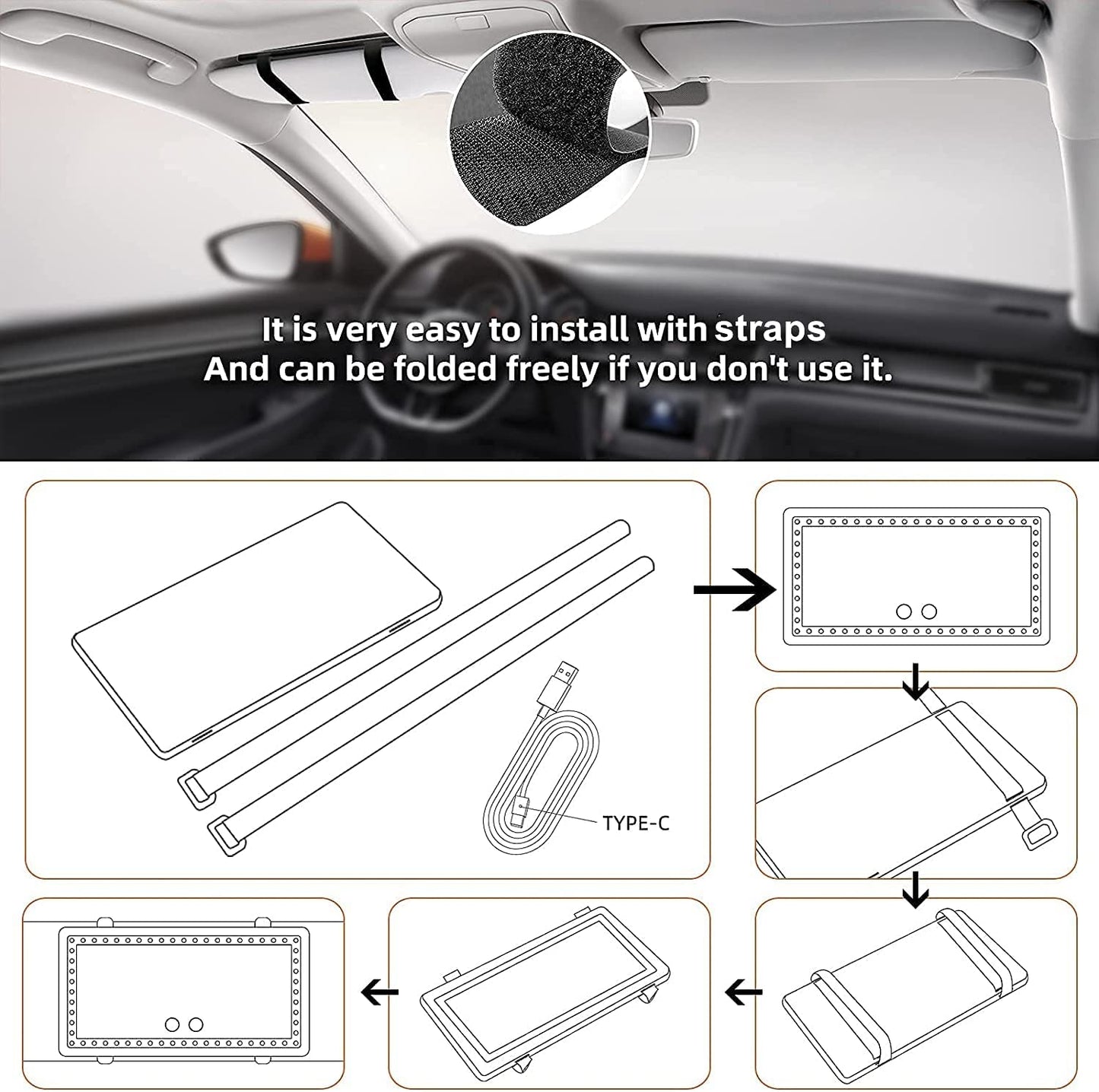 Car Sun Visor Vanity Mirror, with 3 Light Modes & 60 Leds - Rechargeable Dimmable Clip-On Rear View Sun-Shading Cosmetic Makeup Mirror, Universal for Car Suv(Black)