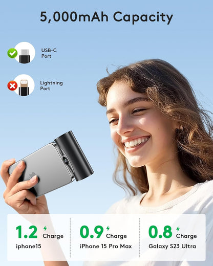 Ultra Small Portable Charger with Stand, Mini Power Bank with USB C Connect Powerbank Fast Charging, Phone Charger Battery Pack 5000Mah Compatible with Iphone 16/15 Series and Samsung Android Etc