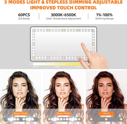 Car Sun Visor Vanity Mirror, with 3 Light Modes & 60 Leds - Rechargeable Dimmable Clip-On Rear View Sun-Shading Cosmetic Makeup Mirror, Universal for Car Suv(Black)