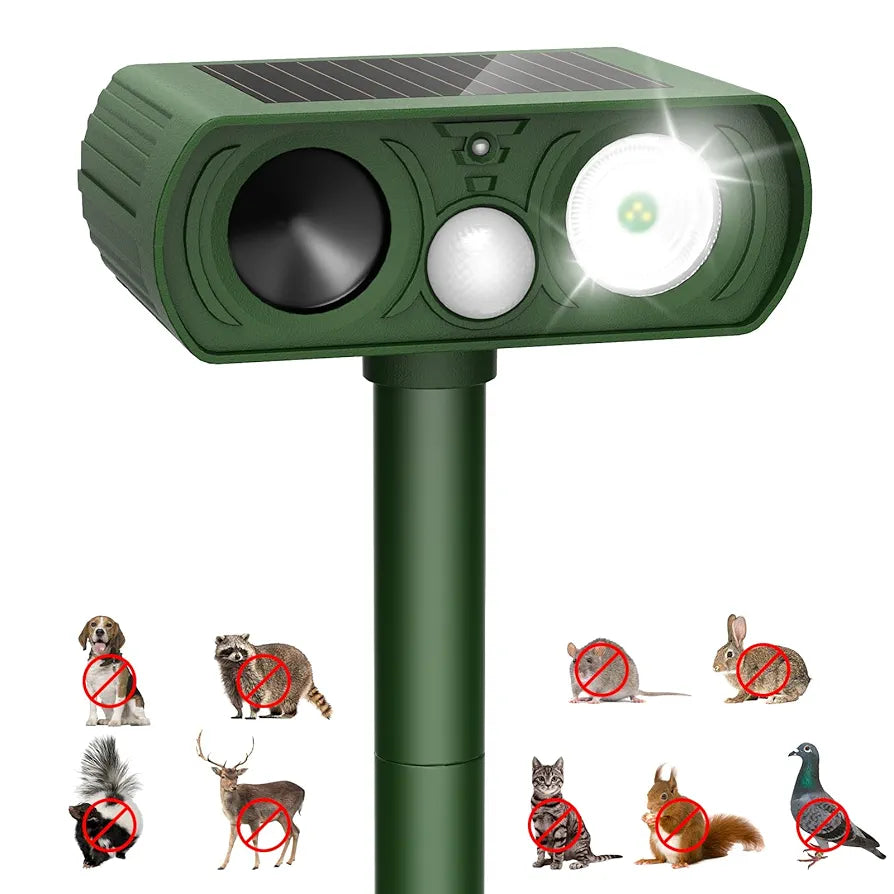 Upgraded Solar Ultrasonic Animal Repellent Outdoor, Deer Repellent Devices Motion Detection, Waterproof Cat Squirrel Skunk Raccoon Dog Bird Deterrent with Flash Lights for Yard Farm Garden Patio