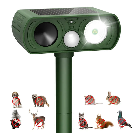 Upgraded Solar Ultrasonic Animal Repellent Outdoor, Deer Repellent Devices Motion Detection, Waterproof Cat Squirrel Skunk Raccoon Dog Bird Deterrent with Flash Lights for Yard Farm Garden Patio