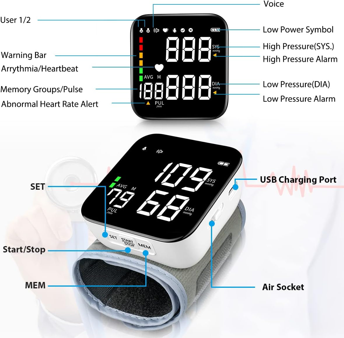 Wrist Blood Pressure Monitor, 2025 New Digital Wrist Blood Pressure Monitor with 90X2 Readings Memory, Pulse Rate Monitoring, Large LCD Screen, Automatic Wrist Pressure Monitor for Home Use Black
