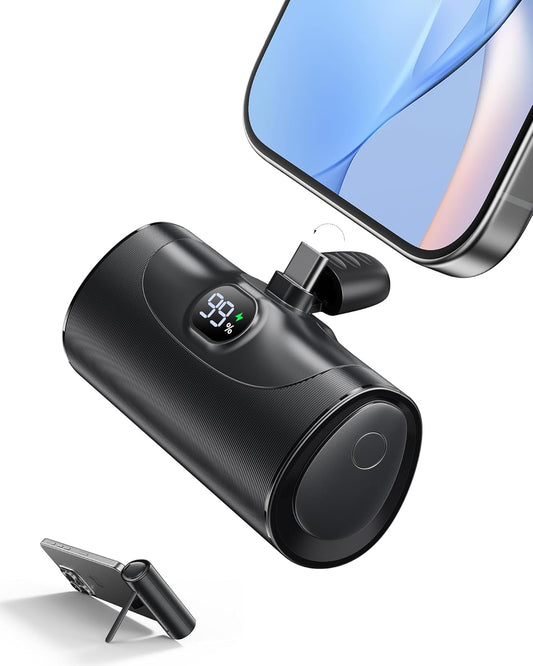 Ultra Small Portable Charger with Stand, Mini Power Bank with USB C Connect Powerbank Fast Charging, Phone Charger Battery Pack 5000Mah Compatible with Iphone 16/15 Series and Samsung Android Etc