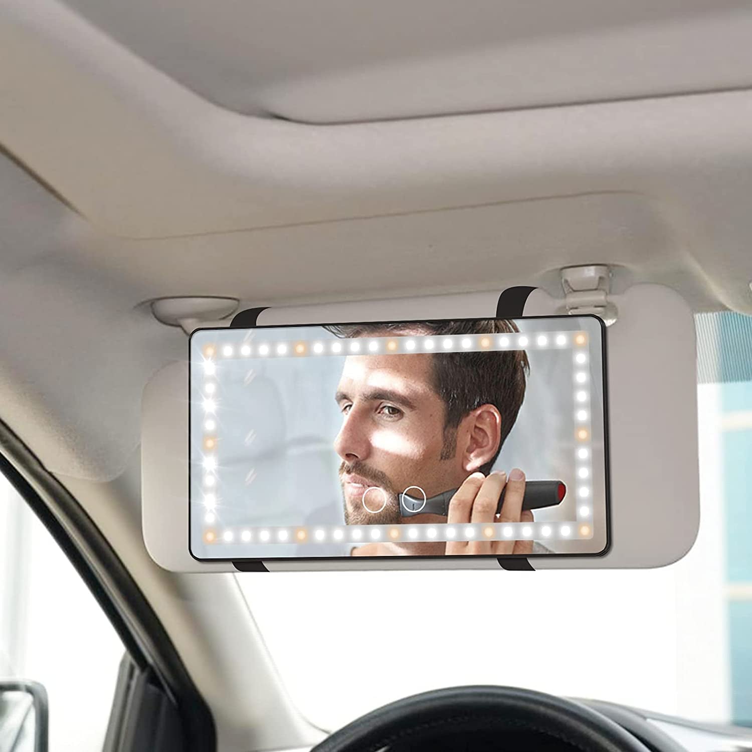 Car Sun Visor Vanity Mirror, with 3 Light Modes & 60 Leds - Rechargeable Dimmable Clip-On Rear View Sun-Shading Cosmetic Makeup Mirror, Universal for Car Suv(Black)