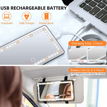 Car Sun Visor Vanity Mirror, with 3 Light Modes & 60 Leds - Rechargeable Dimmable Clip-On Rear View Sun-Shading Cosmetic Makeup Mirror, Universal for Car Suv(Black)